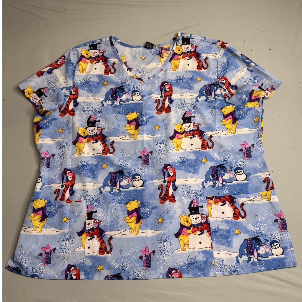 Disney Winnie the Pooh Winter Snowman Scrub Top Blue V-Neck Medical Uniform XL